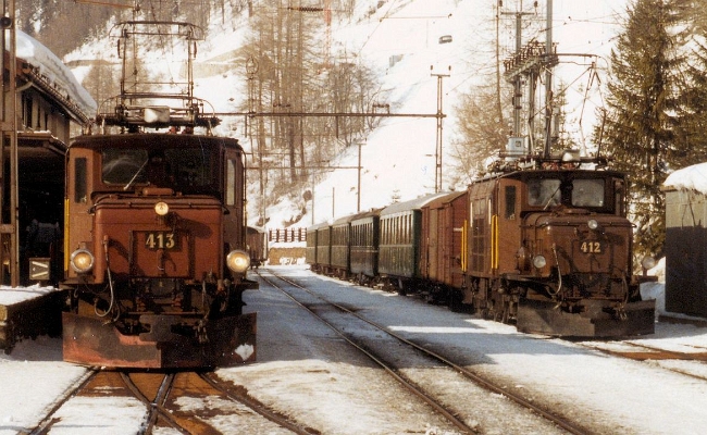 rhb-ge-4-4-413-412-bergun RhB, Ge 6/6 413, 412 -- Bergün -- 02.1984
