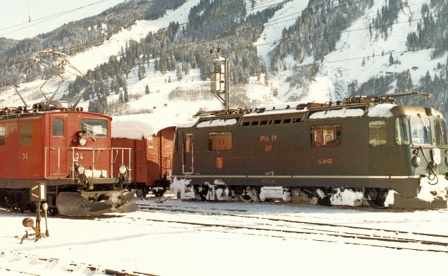 rhb-ge-4-4-617-fo37-disentis RhB, Ge 4/4 II 617, FO, HGe 4/4 34 -- Bergün -- 02.1984